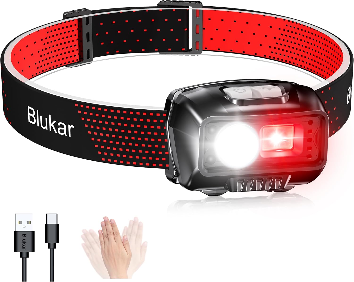 Blukar LED Headlamp Rechargeable, Continuously Dimmable Head Torch with Red [Energy Class A+++]
